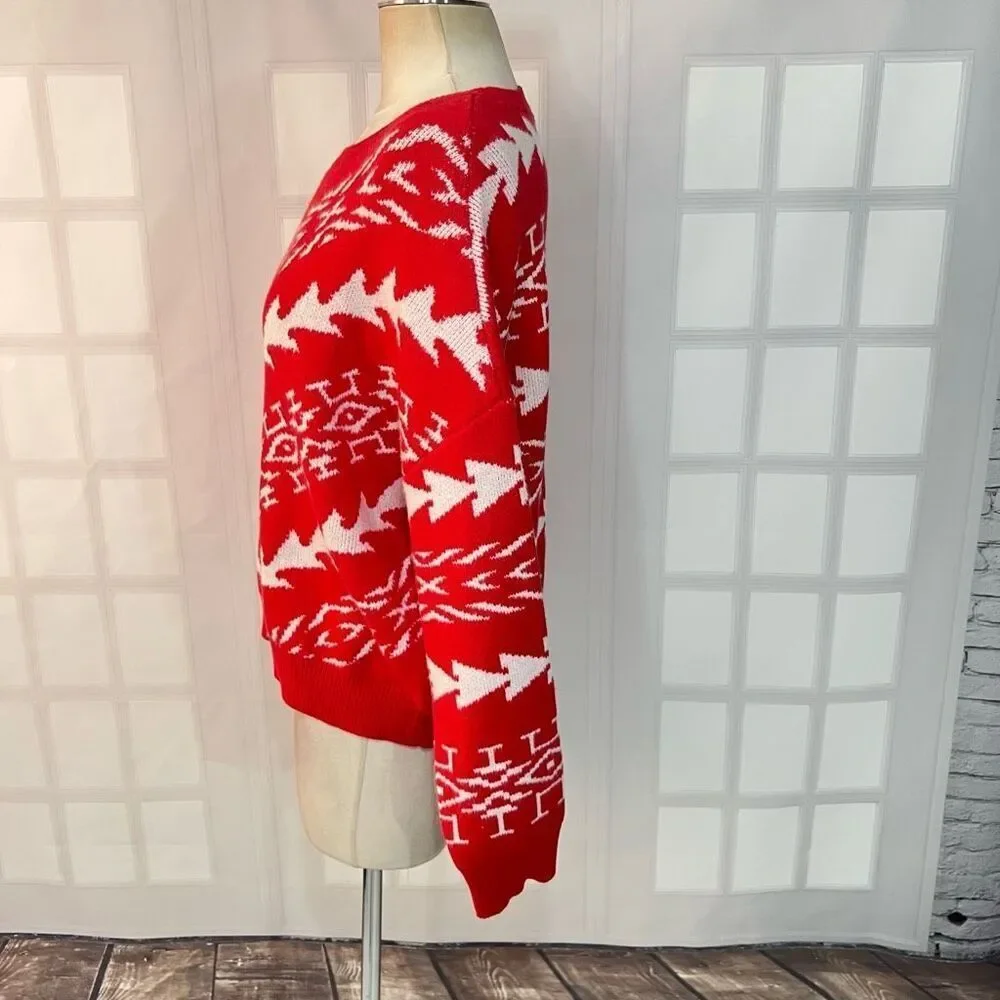 Express NWT Red White Aztec Crew Neck Cotton Blend Pullover Sweater Medium